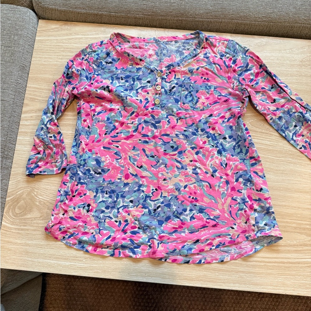 Lilly Pulitzer Floral Pink and Blue Girls  Top 3/4 sleeve
